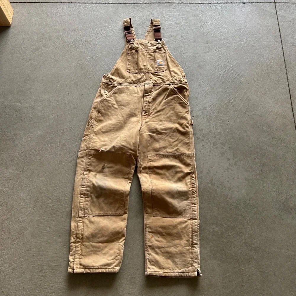Vintage 90s Carhartt Overalls Size 40x30 Tan Duck Canvas Carpenter Workwear Bibs - Picture 1 of 10
